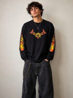 Vintage 2000's New Attitude Flame Graphic T Shirt Size L Y2K Long Sleeve Tee